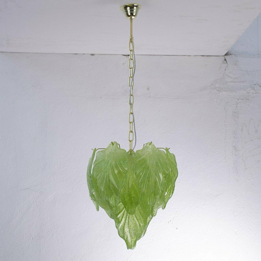 Italian Murano Glass Light Green Pendant Light With Leaves, 1990s photo for sale