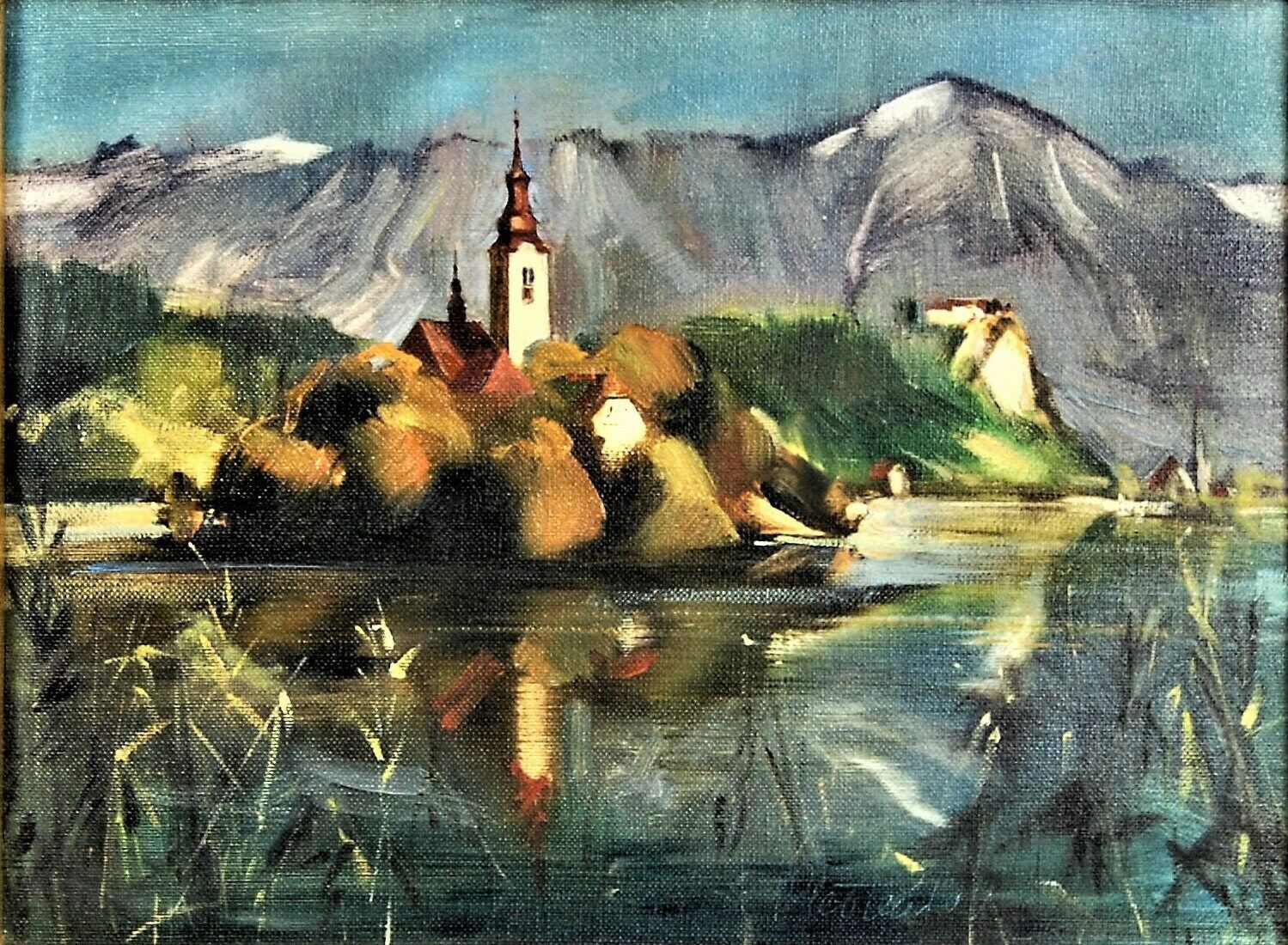 The Church In The Middle Of The Lake, Oil Painting On Canvas photo for sale