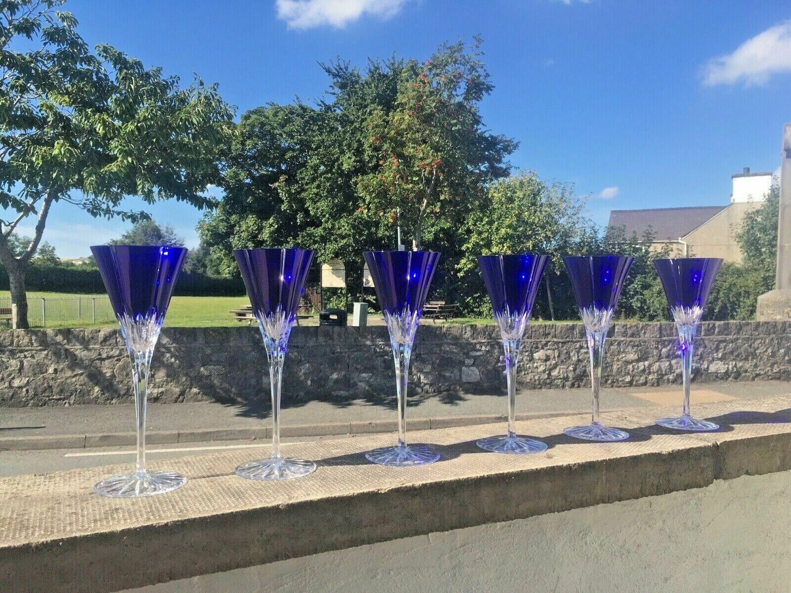 Quality Set Of 6 Ajka Castille Lead Crystal Blue Cut Glass Champagne Flutes Wine photo for sale