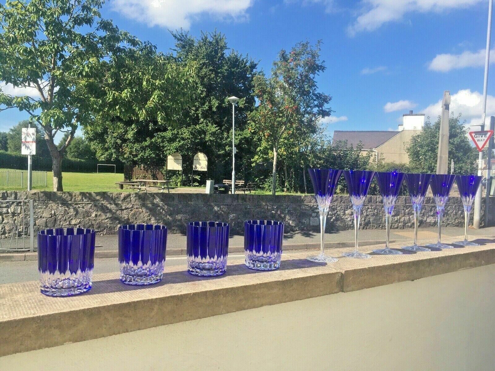 450.0 Quality Set Of 6 Ajka Castille Lead Crystal Blue Cut Glass Champagne Flutes Wine photo