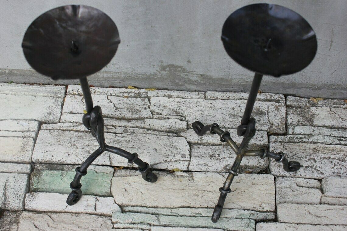Two Side Large Candlesticks Floor Wrought Iron Candle Holders Fireplace Tall Candle Light 20th Century Antique photo Home Decor