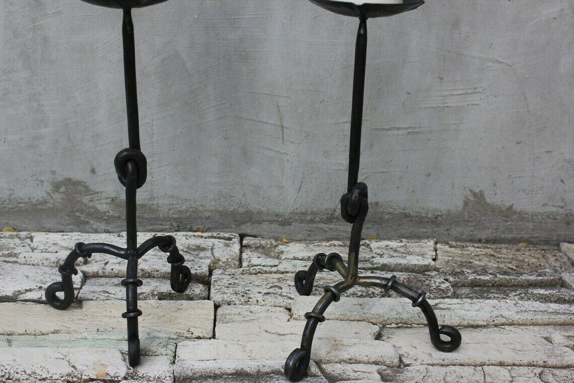Two Side Large Candlesticks Floor Wrought Iron Candle Holders Fireplace Tall Candle Light 20th Century Antique photo 206.0