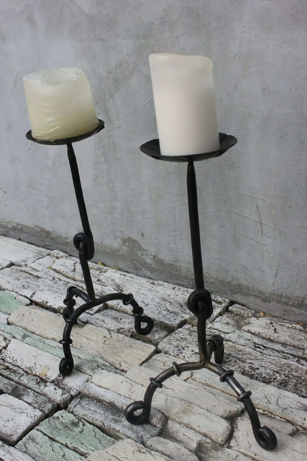 Two Side Large Candlesticks Floor Wrought Iron Candle Holders Fireplace Tall Candle Light 20th Century Antique photo buy