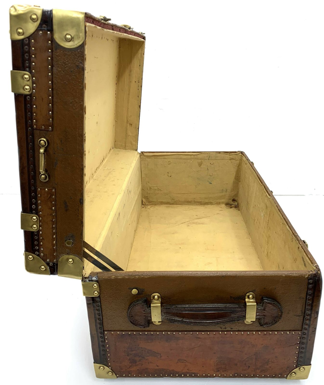 Steamer Travel Trunk   Leather With Beechwood Banding photo vintage