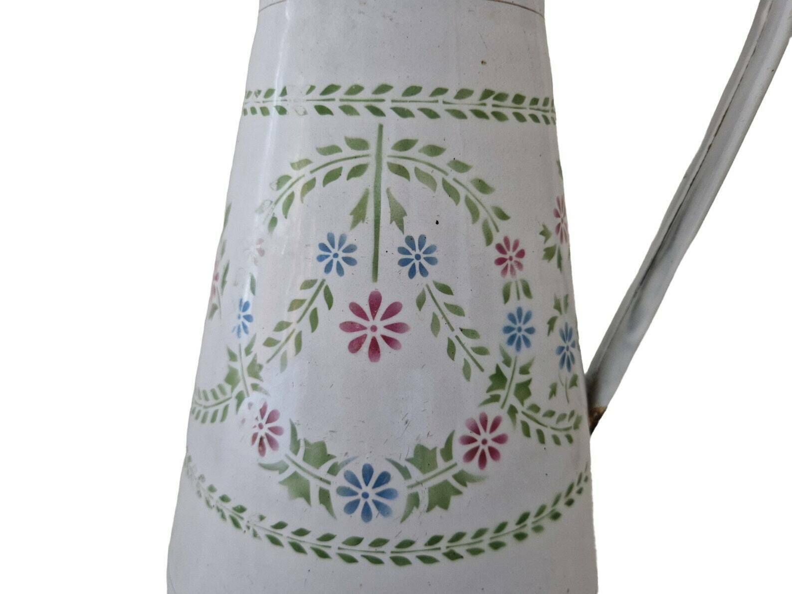 Shabby French Enamel Watering Can With Stenciled Folk Wild Flowers, Enamelware Water Pitcher, Gardening Gift photo buy
