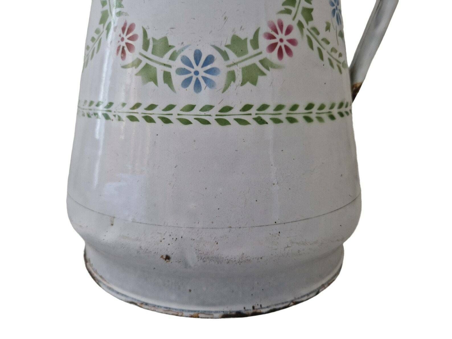 Shabby French Enamel Watering Can With Stenciled Folk Wild Flowers, Enamelware Water Pitcher, Gardening Gift photo vintage