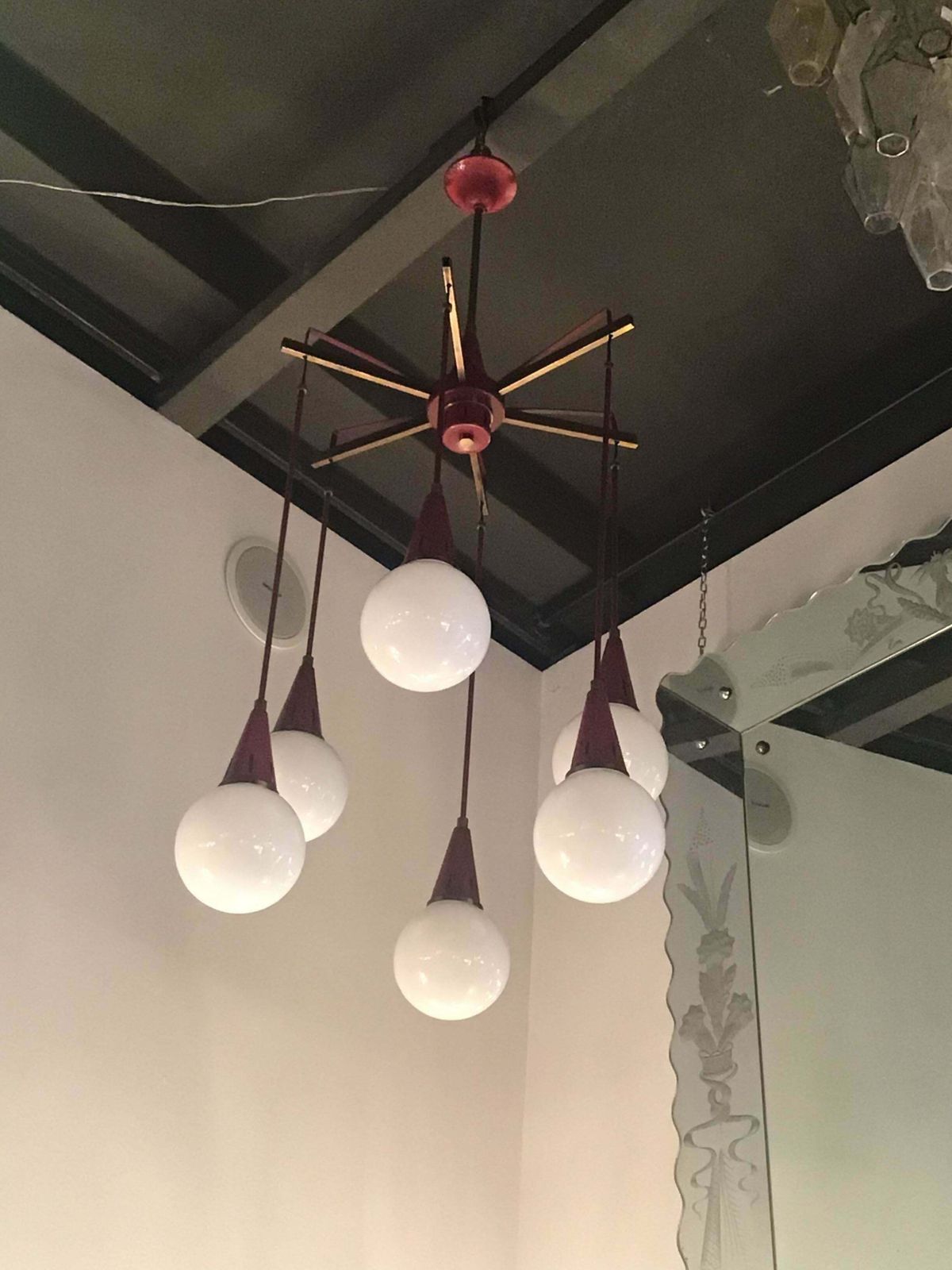 Stilnovo Chandelier Brass Metal Glass 1950 Italy photo furniture