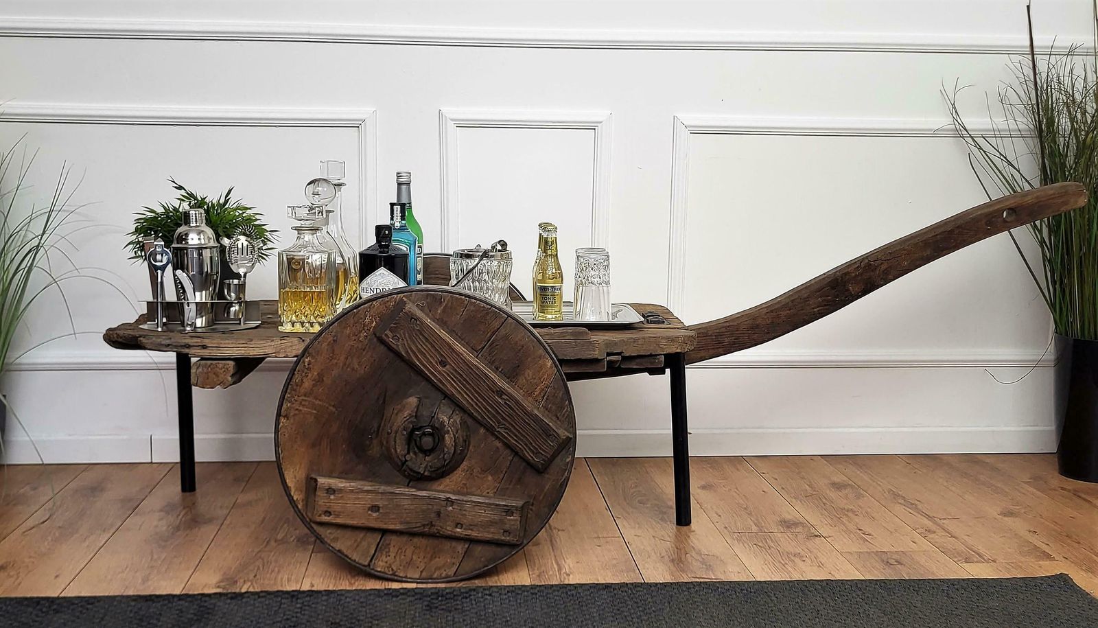 Primitive Rustic Minimal Italian Wrought Iron Wheels Wooden Cart Side Bar Table photo Furniture