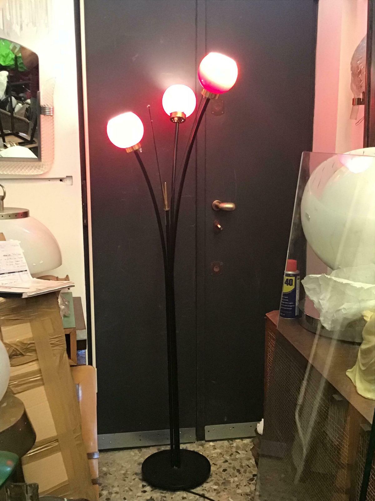 Stilnovo Floor Lamp Brass Glass Iron, 1950, Italy photo vintage