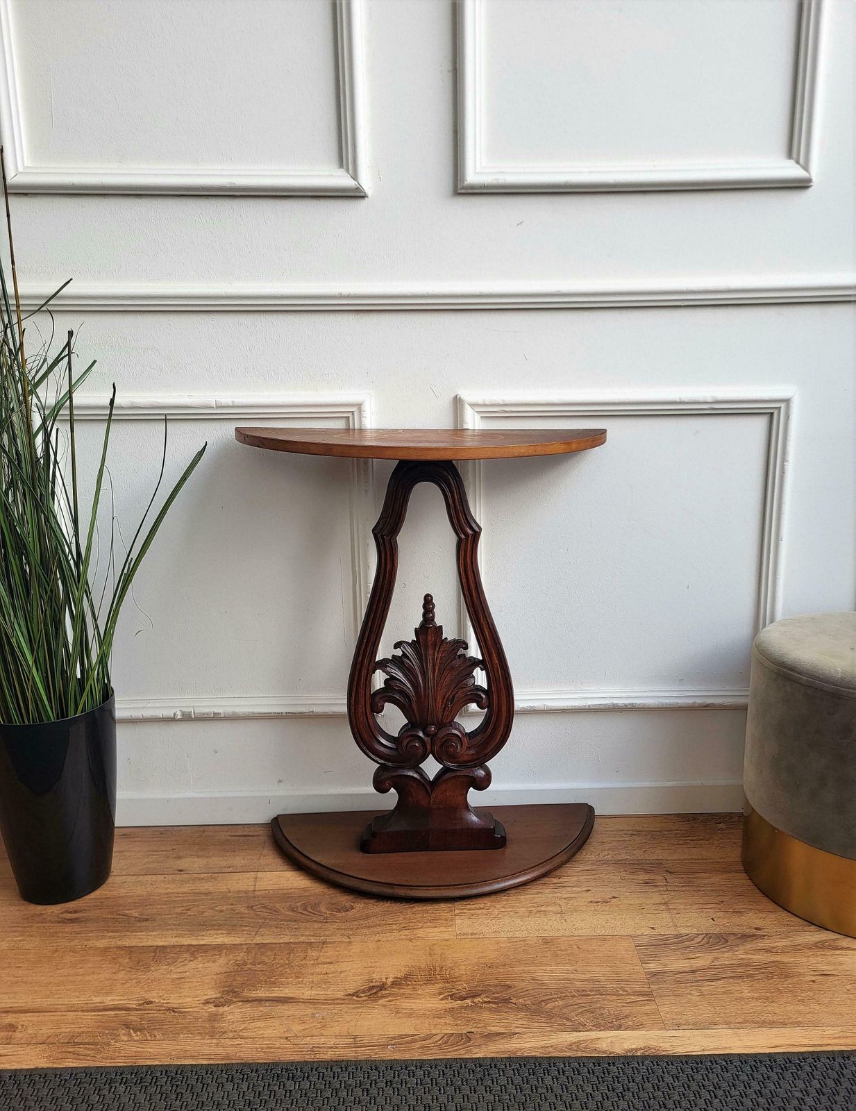 1960s Italian Wooden Carved Inlay Decor Demi Lune Console Side Table photo buy