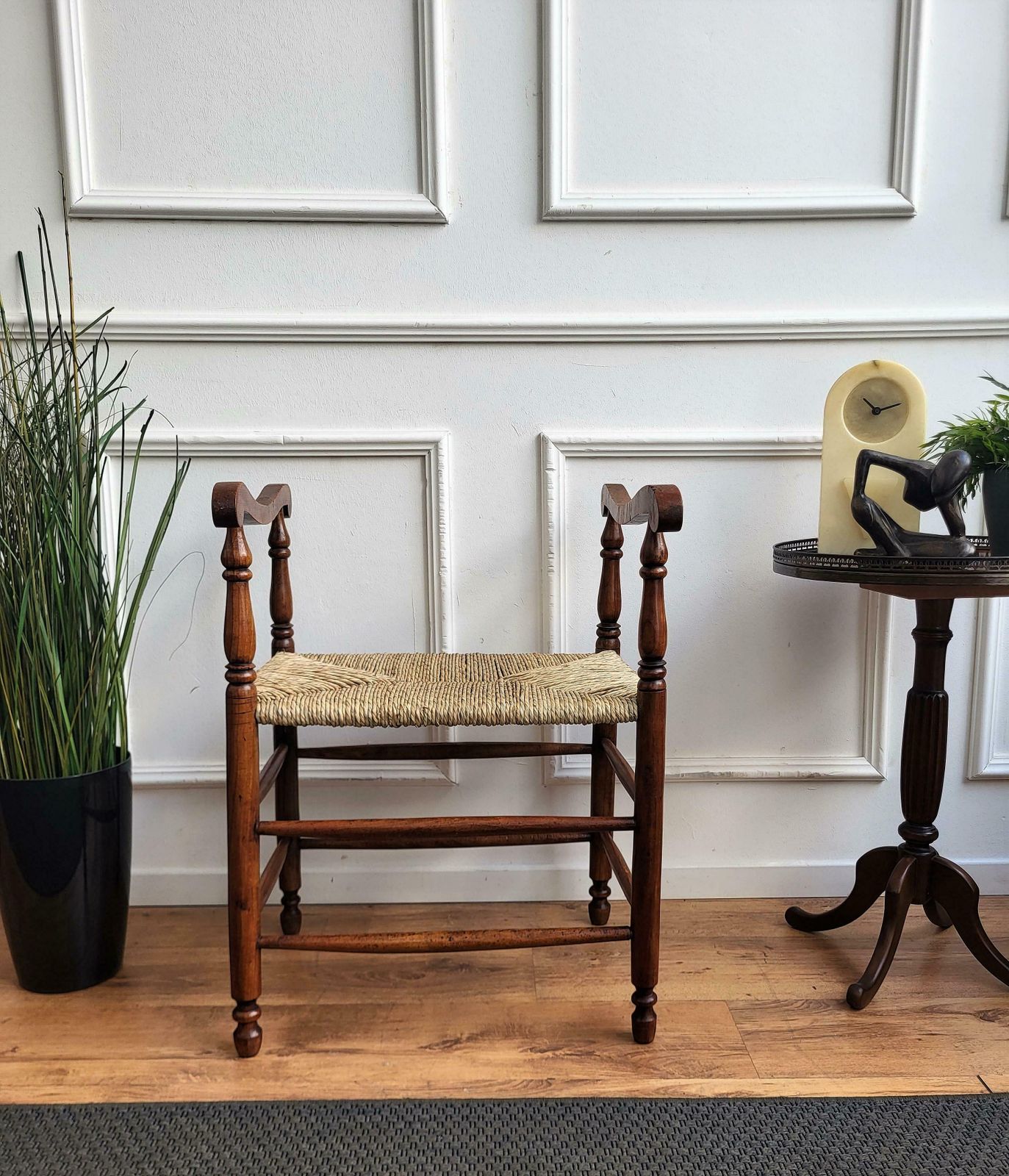 1960s Italian Midcentury Carved Wood And Cord Woven Rope Stool photo furniture