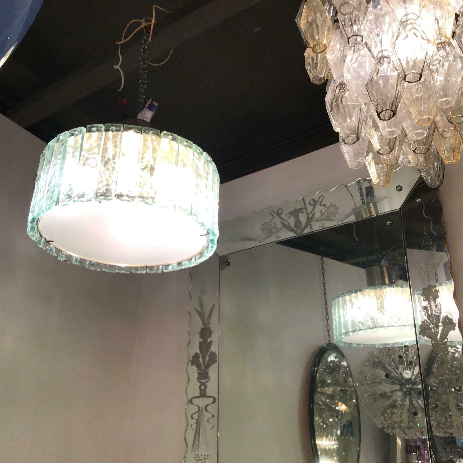 Max Ingrand Fontana Arte Chandelier Glass Metal Crome 1960 Italy photo vintage