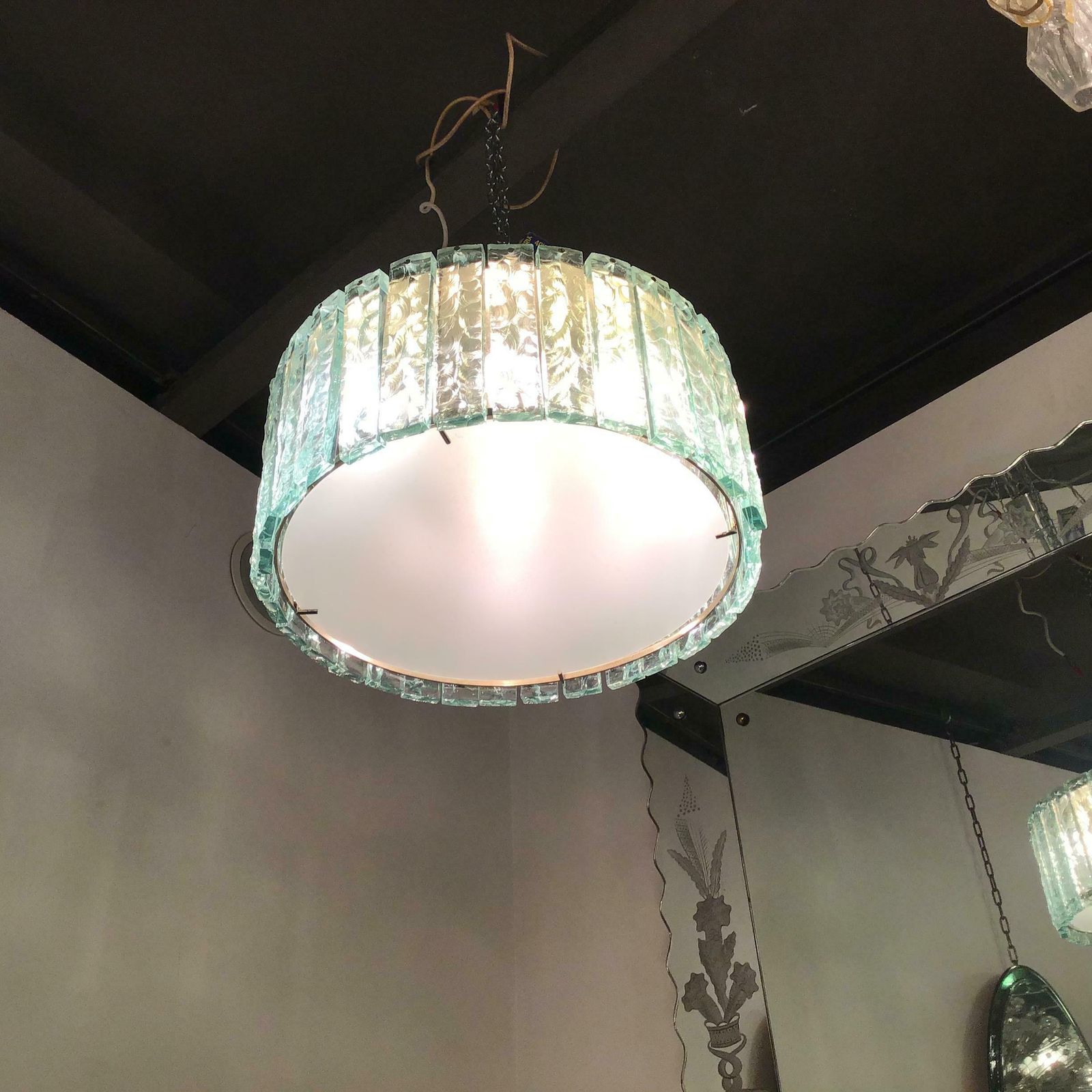 photo for sale Max Ingrand Fontana Arte Chandelier Glass Metal Crome 1960 Italy