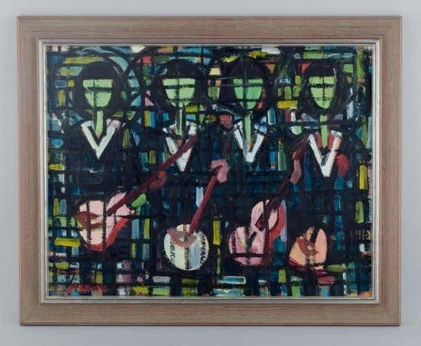 Scandinavian Painter Musicians Oil On Panel In Modernist Style 1970s photo furniture