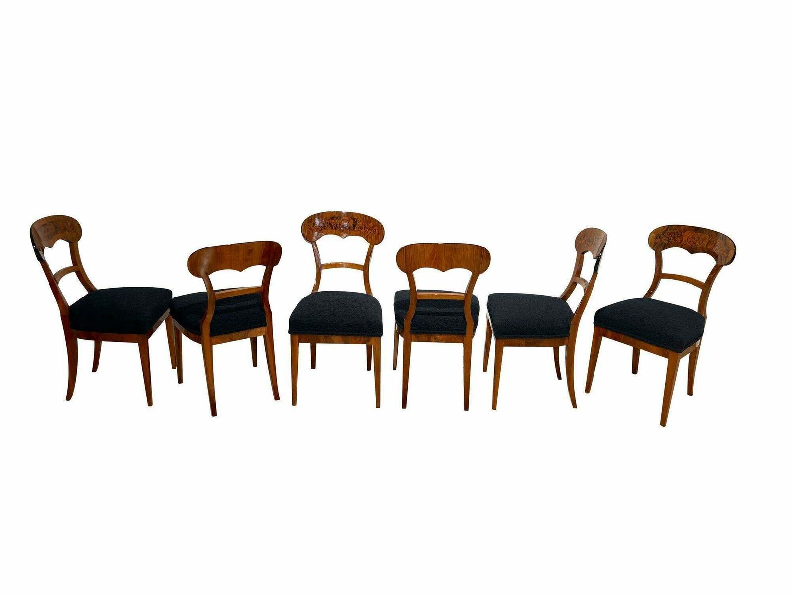 Set Of Six Biedermeier Shovel Chairs, Walnut, Roots Veneer, South Germany, 1840s photo for sale