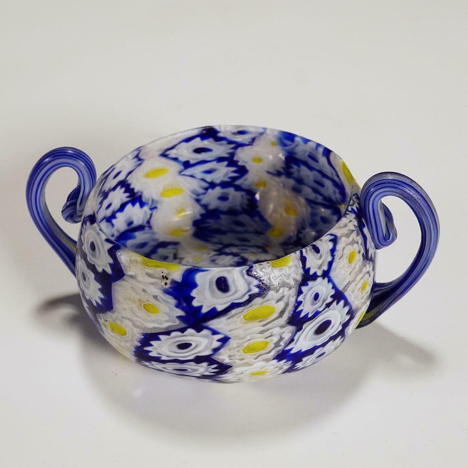Antique Millefiori Bowl In Blue, Yellow And White, Fratelli Toso Murano 1910 photo for sale