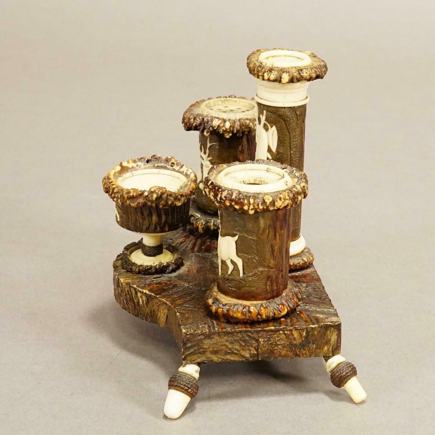 Rare Antler Desk Standish With Elaborate Carvings, Germany Ca. 1840