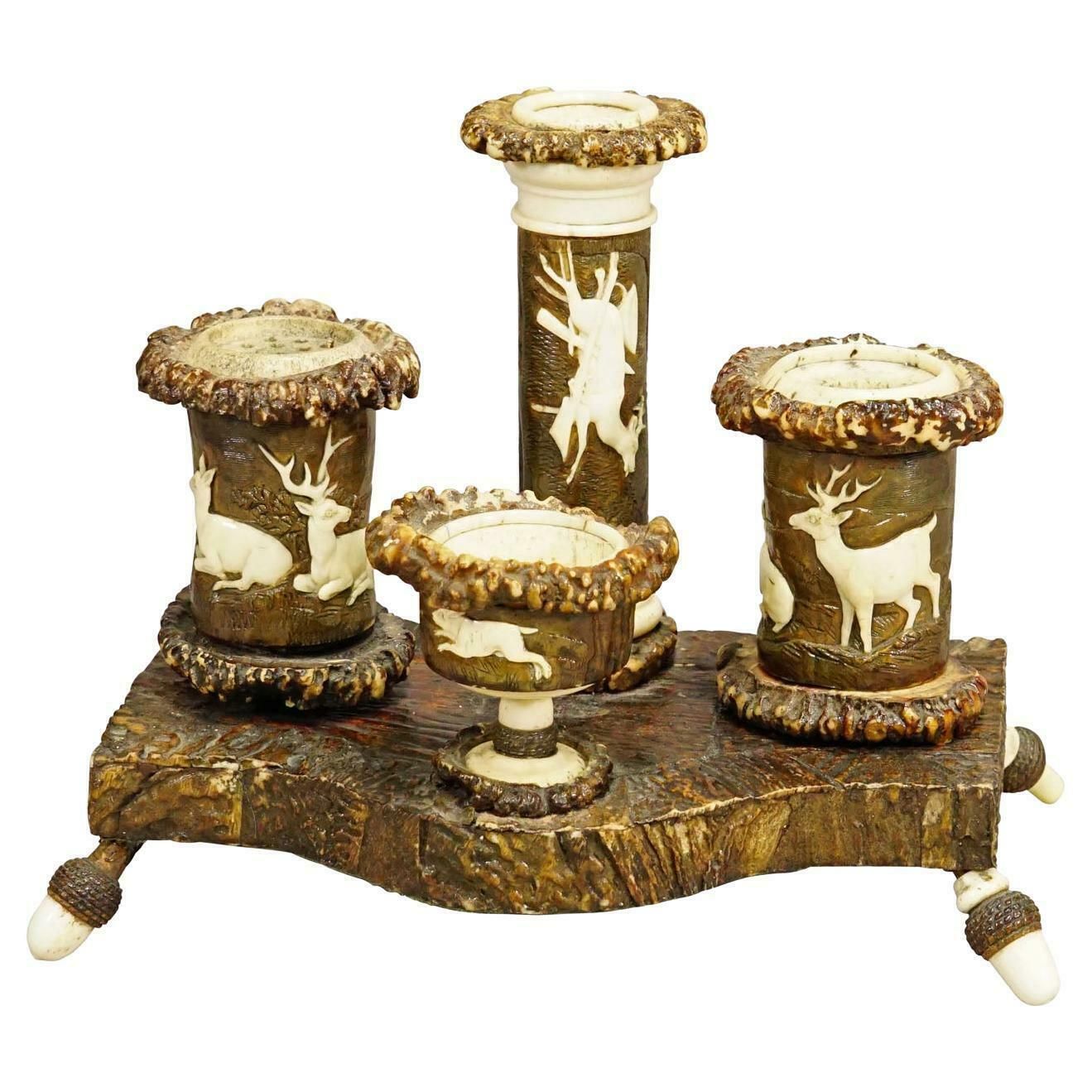 Home Decor Rare Antler Desk Standish With Elaborate Carvings, Germany Ca. 1840 photo