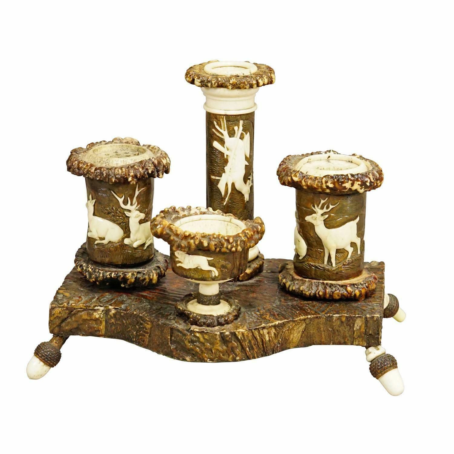 2348.0 Rare Antler Desk Standish With Elaborate Carvings, Germany Ca. 1840 photo
