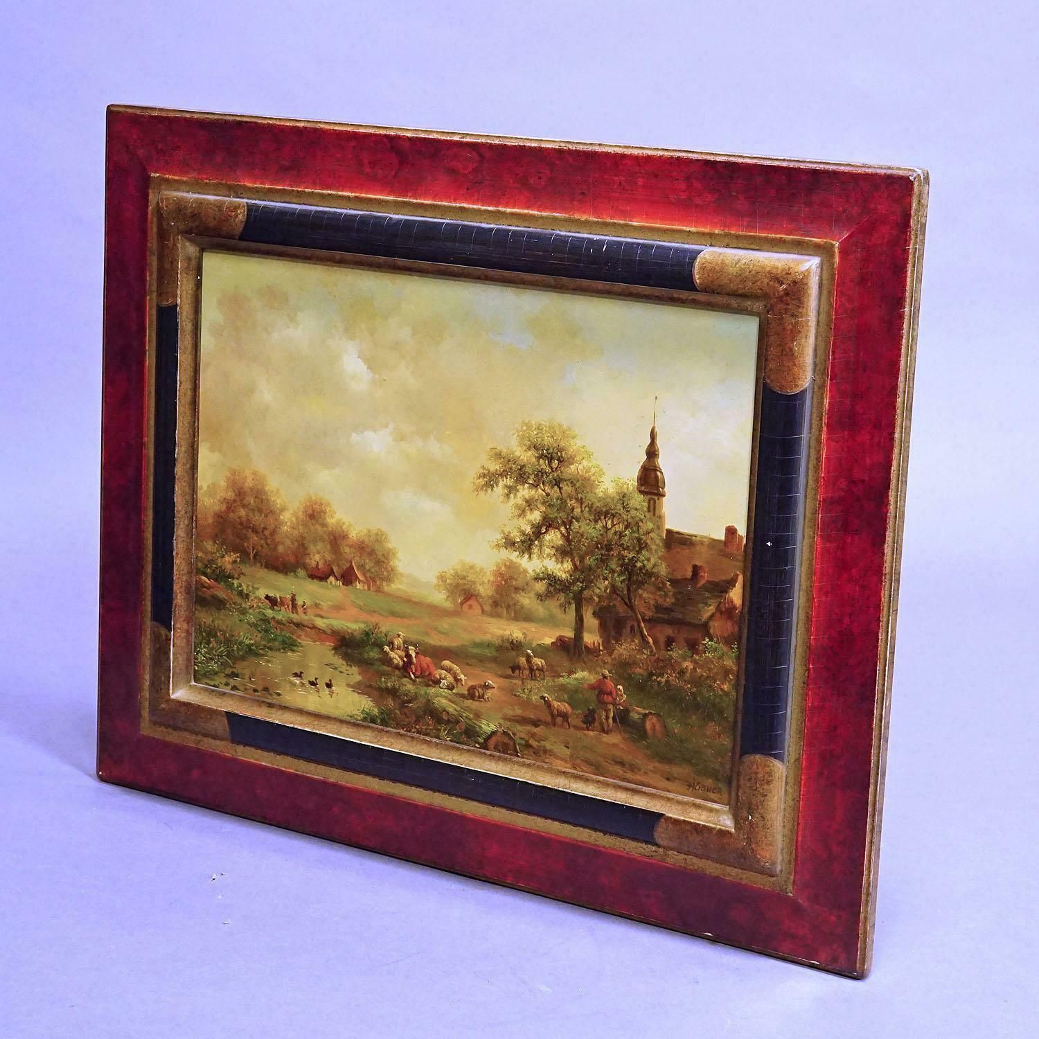 Shepherd With Herd In A Victorian Landscape, Oil On Wood 19th Century