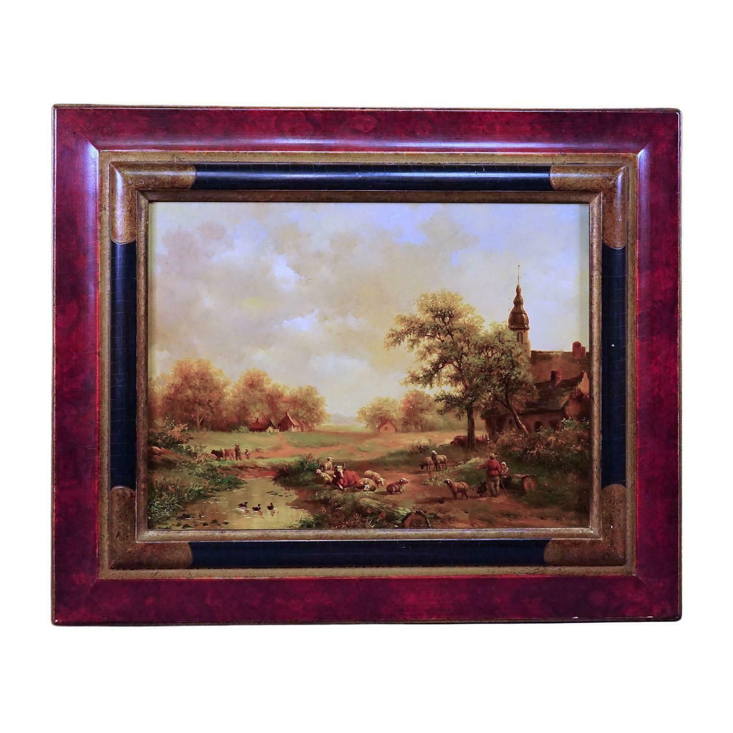 Shepherd With Herd In A Victorian Landscape, Oil On Wood 19th Century photo buy