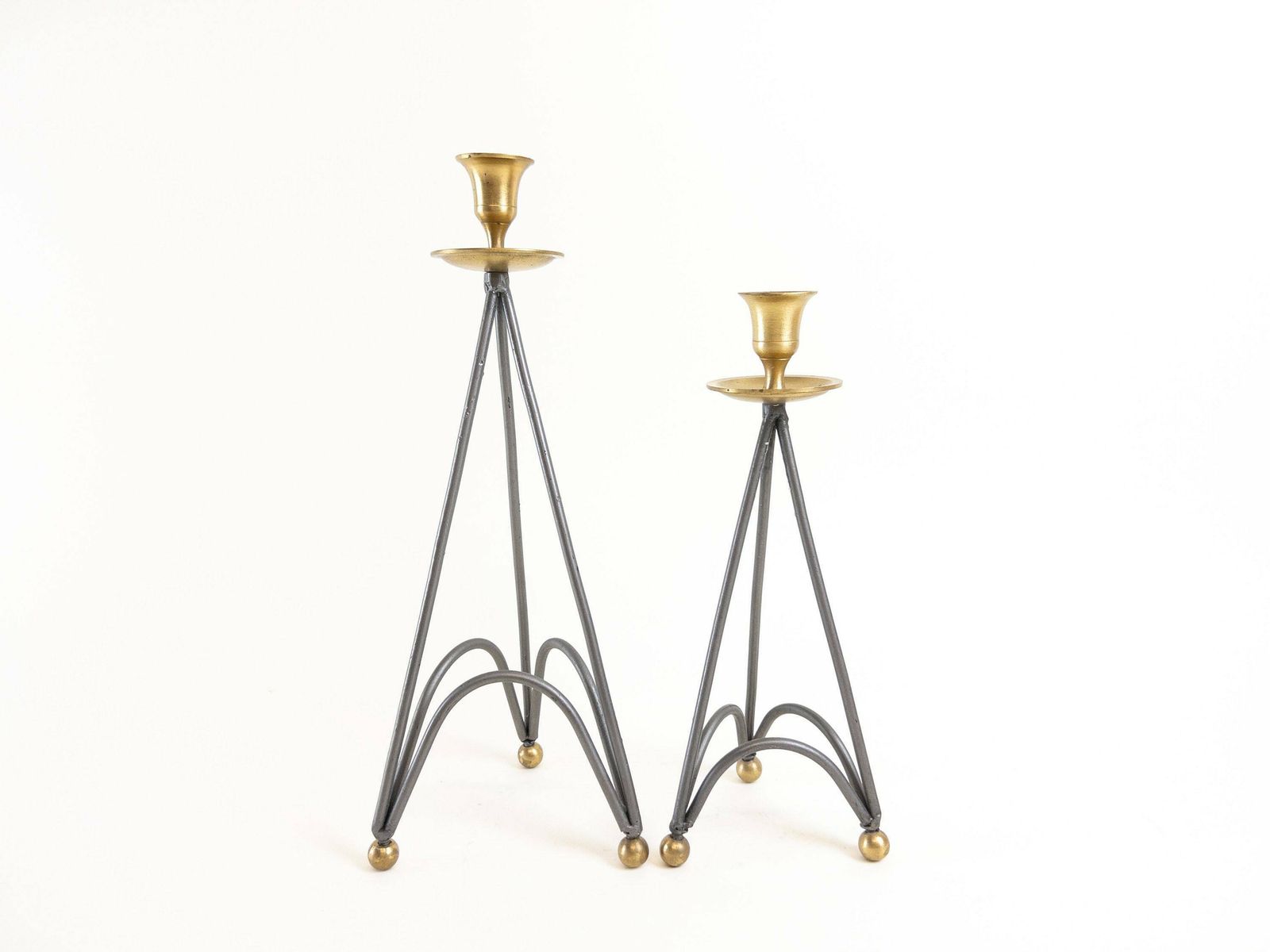 photo for sale Pair Of Metal Candlestick Holders   Silver And Gold Candleholders   Set Of Postmodern Candle Holders