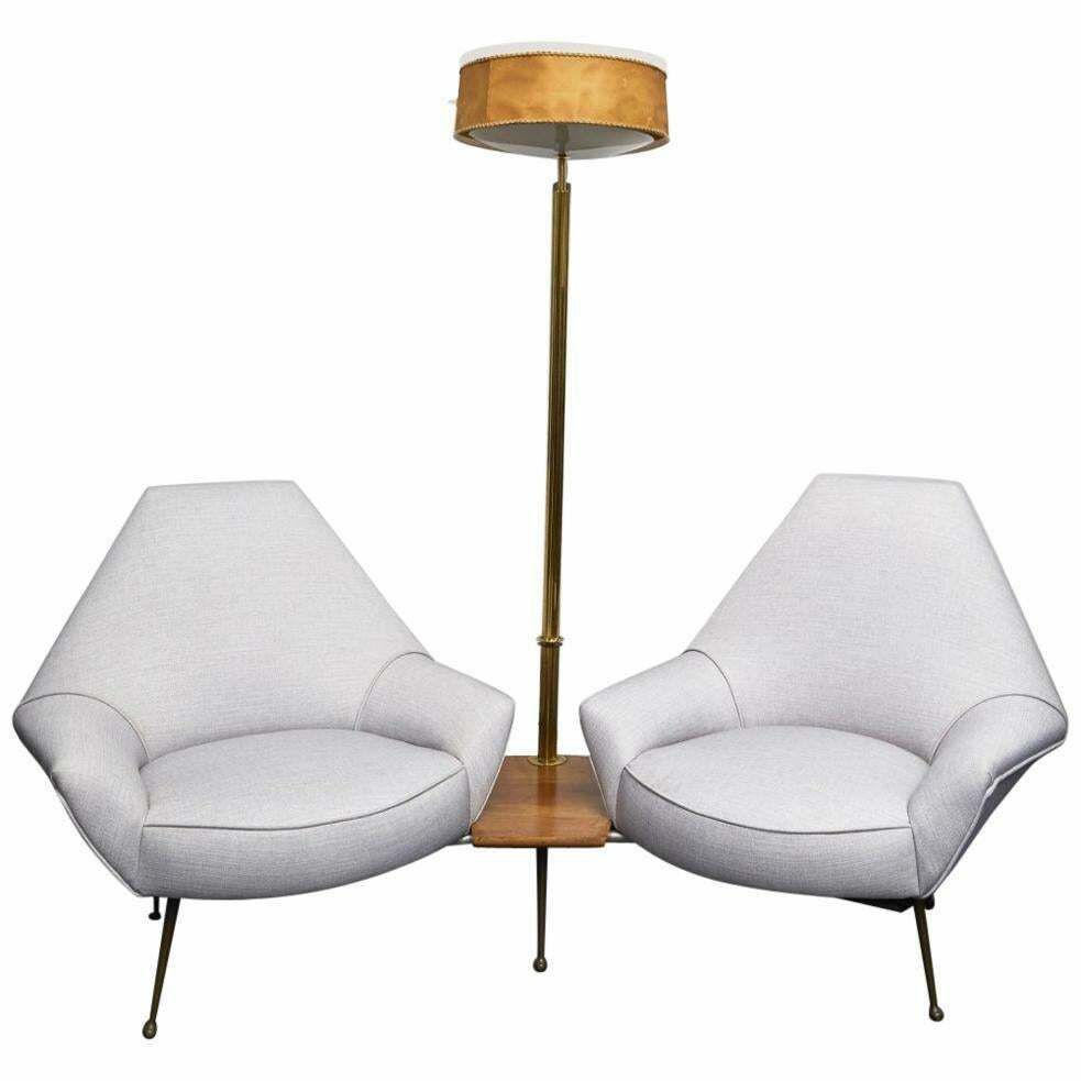 1950s Lounge With Floor Lamp, Wood Brass Padded, 1950, Italy