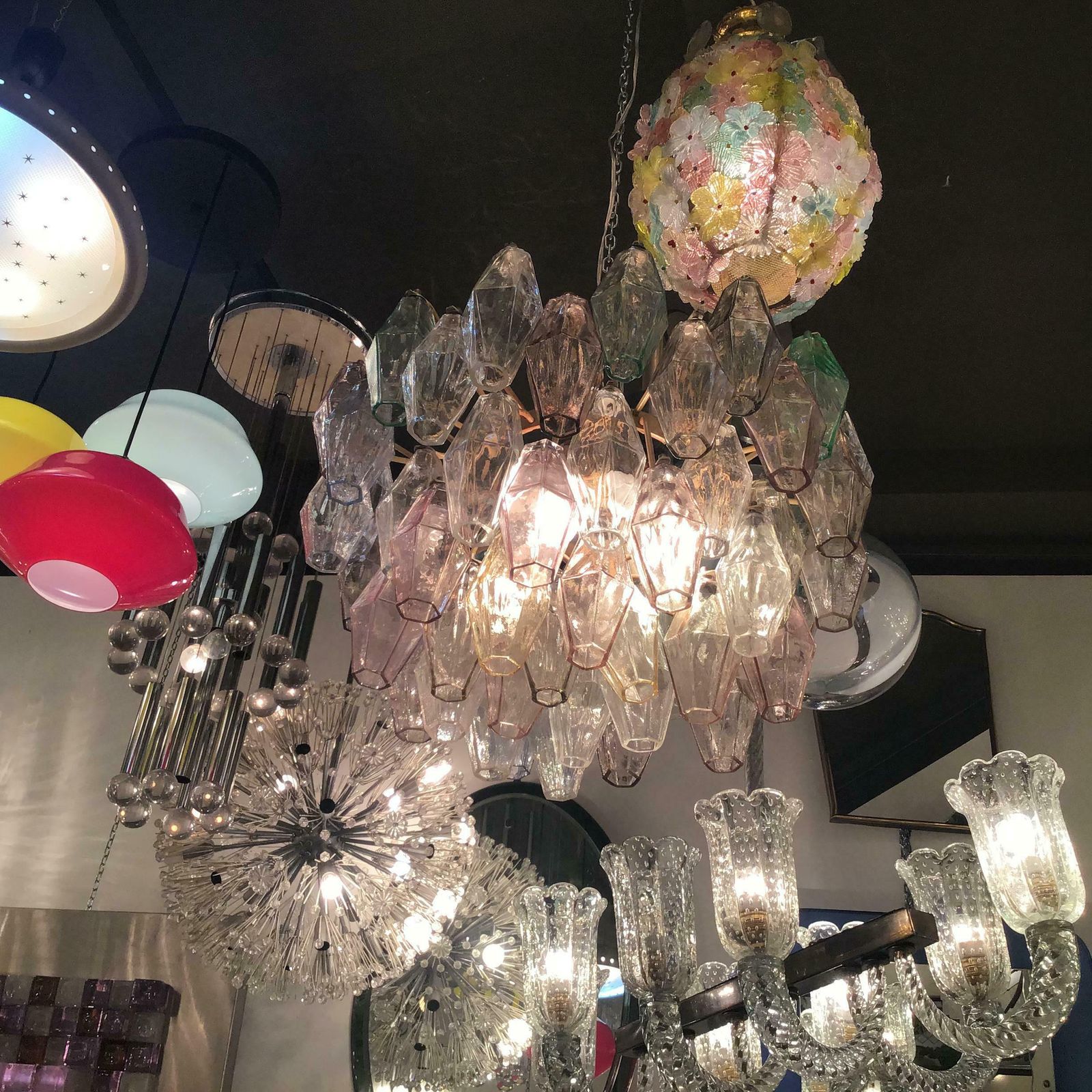 photo vinterior Venini Carlo Scarpa Chandelier Poliedri Murano Glass Iron 1955 Italy
