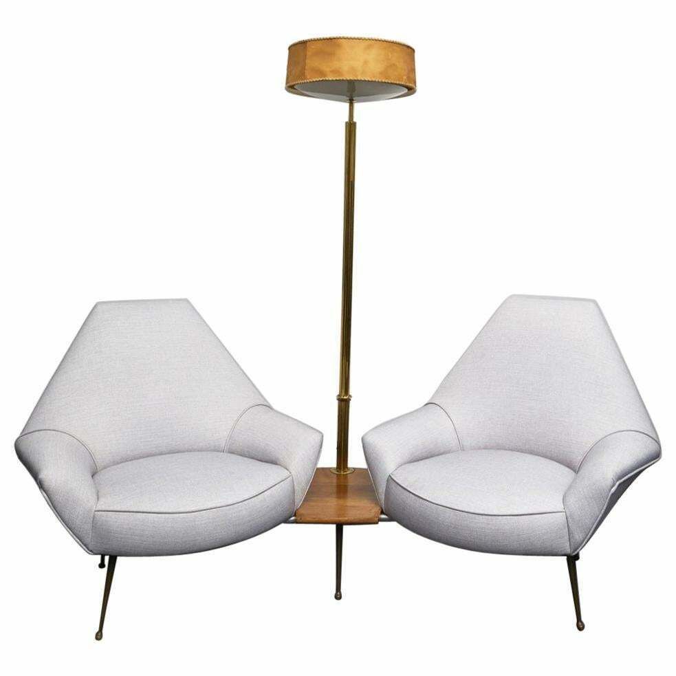 I.S.A. 1950s Lounge With Floor Lamp, Wood Brass Padded, 1950, Italy