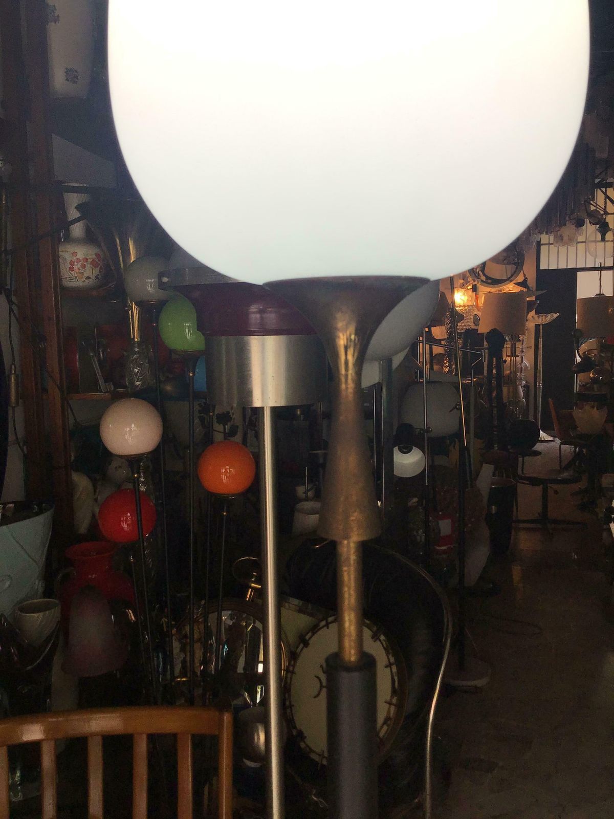 Arredoluce Angelo Lelii Floor Lamp Opaline Glass Brass Marble, 1953, Italy photo for sale