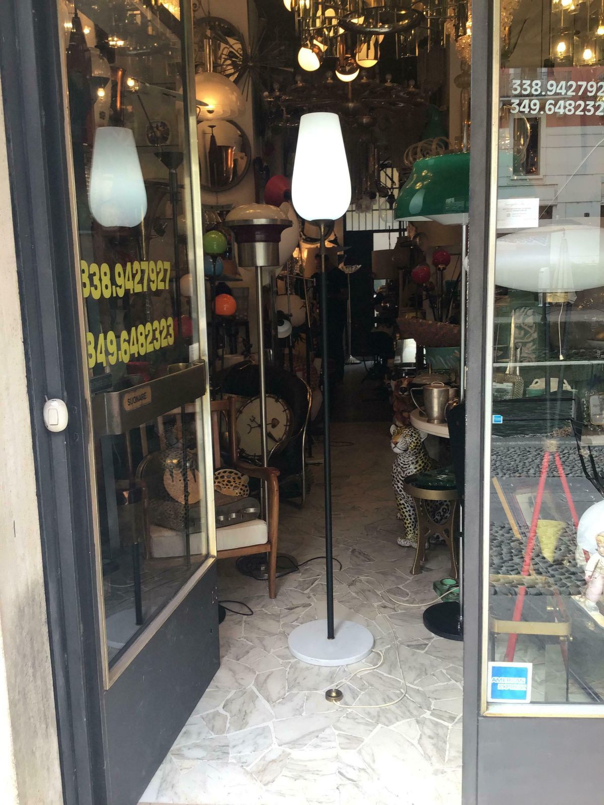 photo vinterior Arredoluce Angelo Lelii Floor Lamp Opaline Glass Brass Marble, 1953, Italy