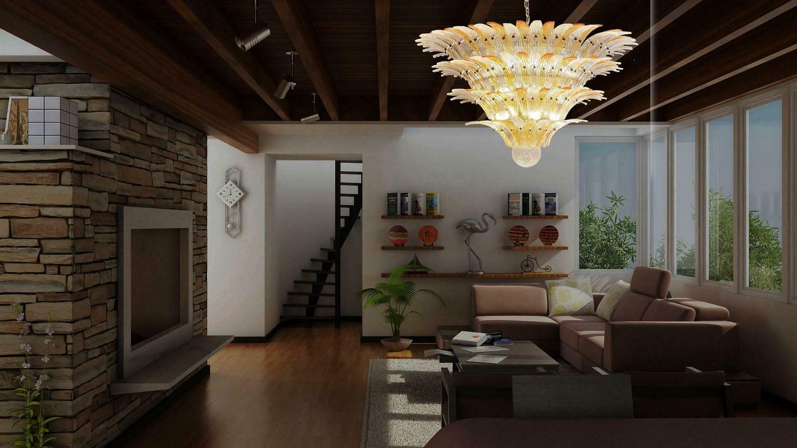 Amazing Palmette Ceiling Lights   Four Levels, 163 Amber And Transparent Glasses photo Lighting