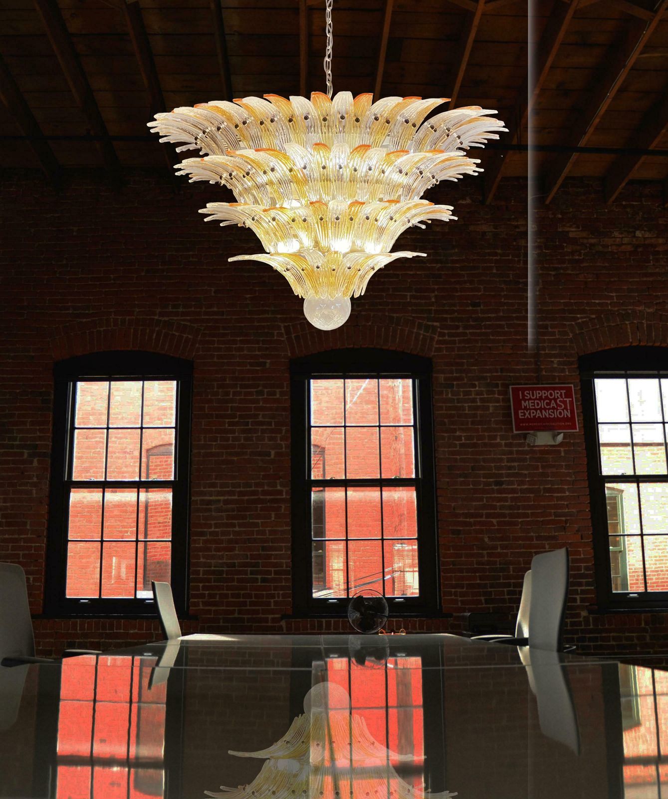 photo for sale Amazing Palmette Ceiling Lights   Four Levels, 163 Amber And Transparent Glasses