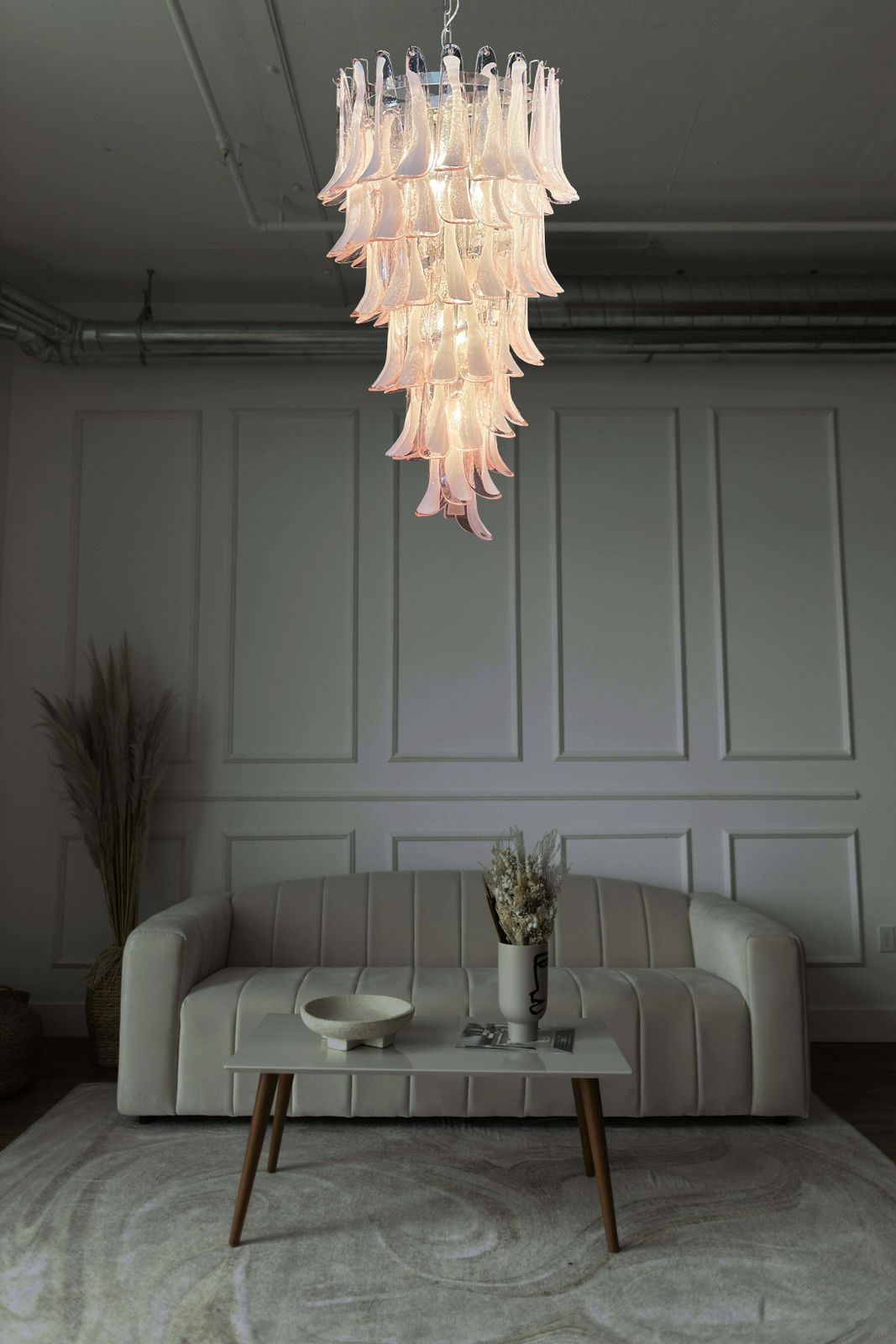 Huge Italian Murano Glass Spiral Chandeliers, 83 Pink Glass Petals photo vinterior