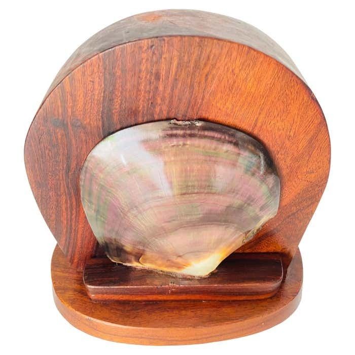 Table Lamp Carved In Wood With Shell Shade Brown Color, France, 1950 photo furniture