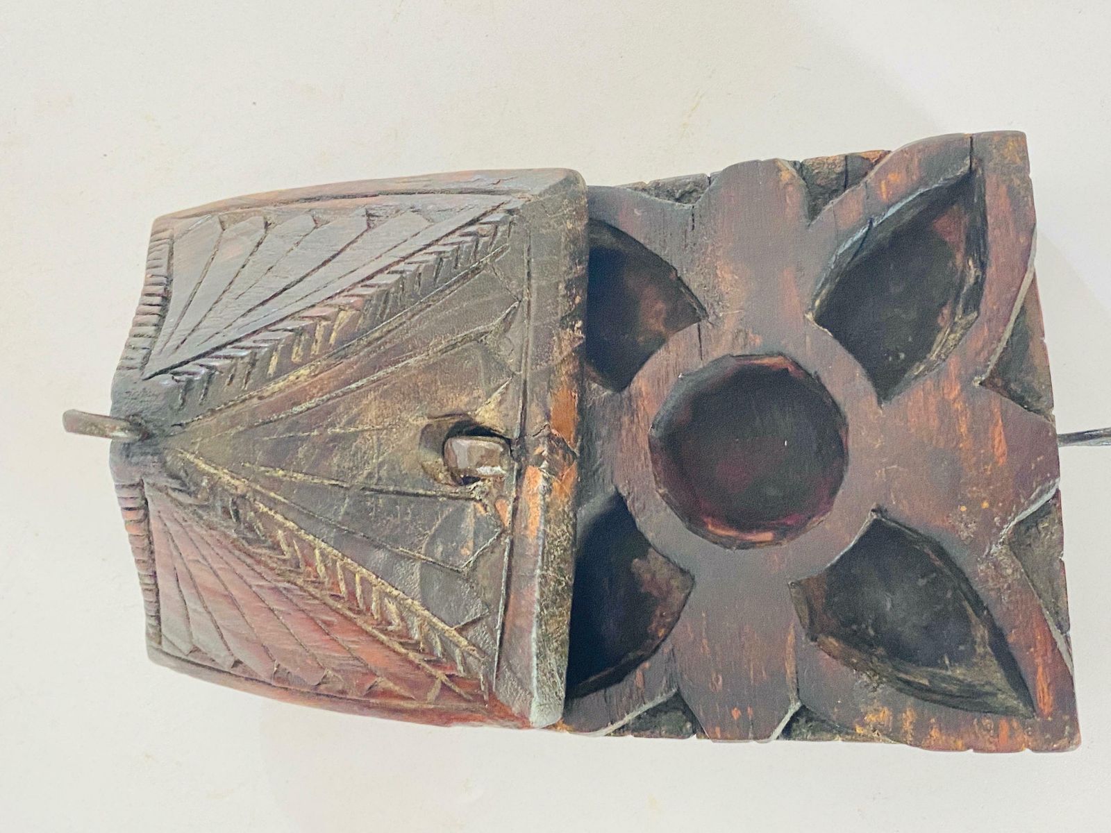Old African Hand Carved Wooden Box 19th Century Brown Color Powder Box photo vintage