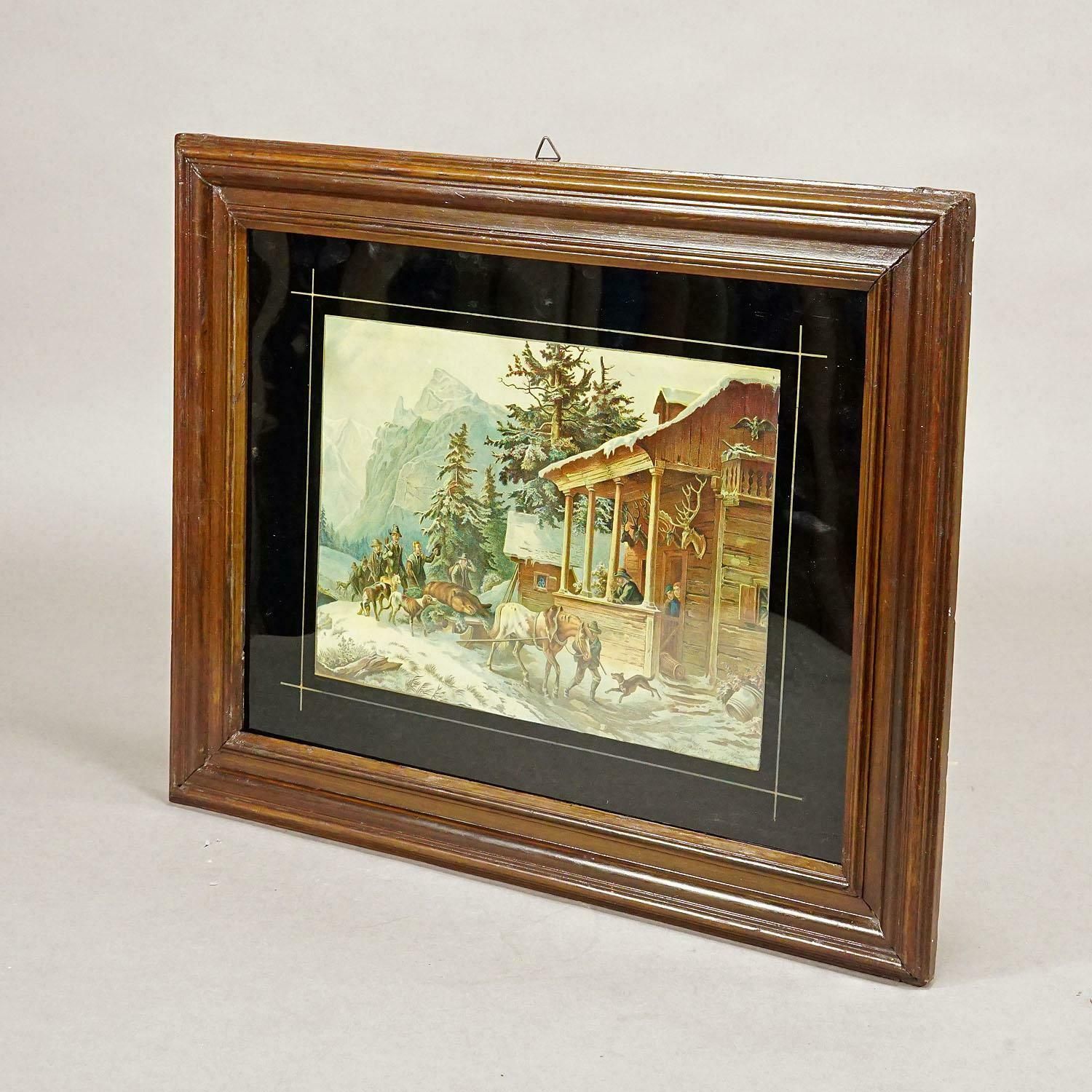 Antique Oil Print With Bear Hunt Scene After Heinrich Buerkel 19th Cetntury