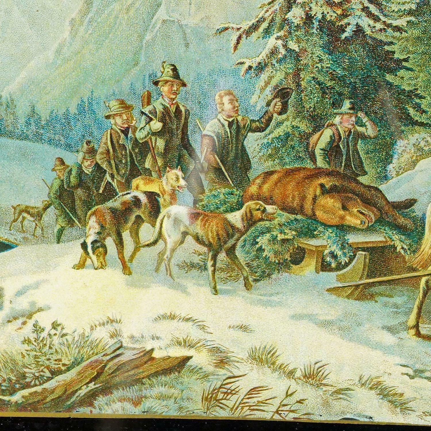 Antique Oil Print With Bear Hunt Scene After Heinrich Buerkel 19th Cetntury photo for sale