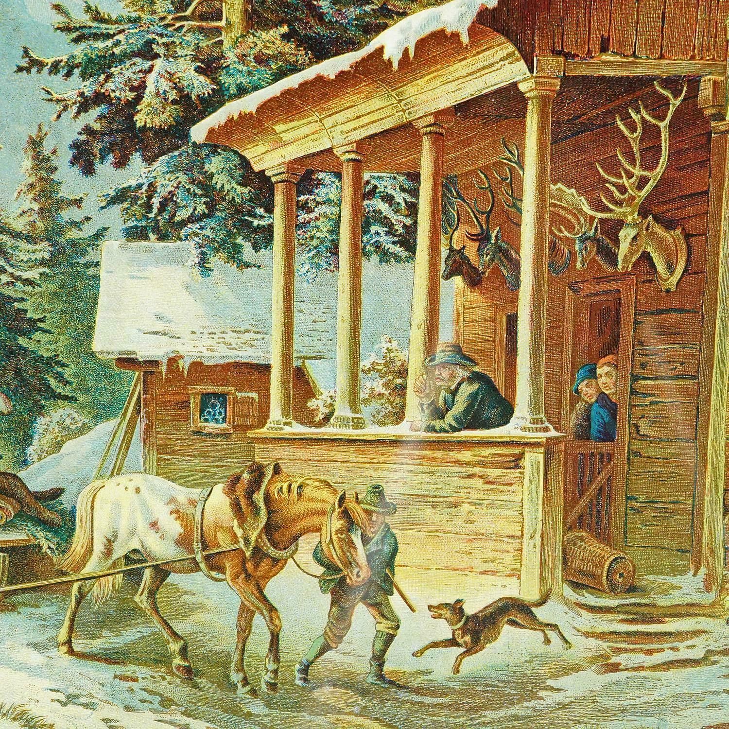 Antique Oil Print With Bear Hunt Scene After Heinrich Buerkel 19th Cetntury photo Art
