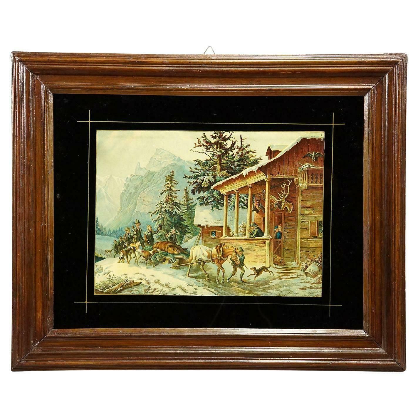 Antique Oil Print With Bear Hunt Scene After Heinrich Buerkel 19th Cetntury photo vinterior