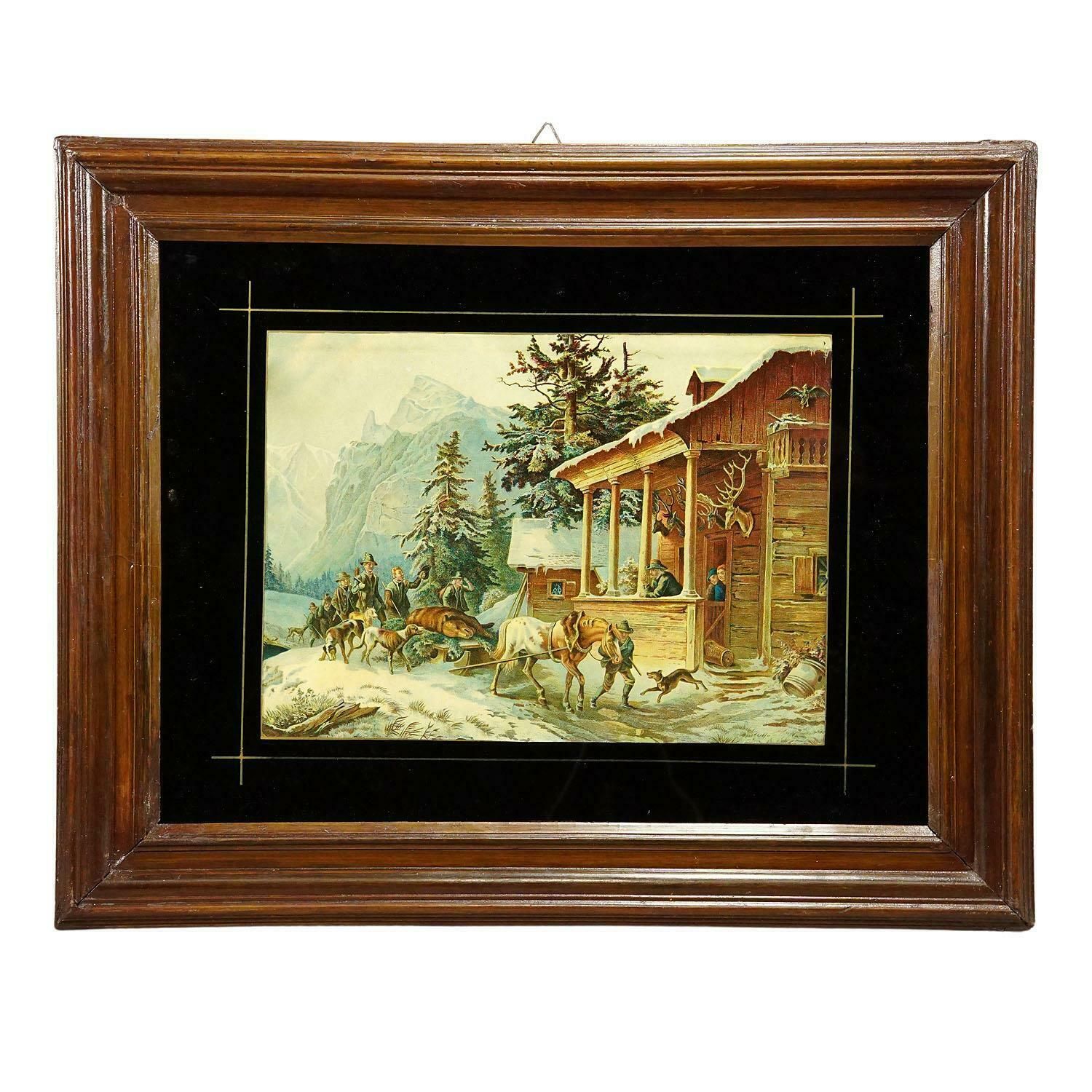 Antique Oil Print With Bear Hunt Scene After Heinrich Buerkel 19th Cetntury photo buy