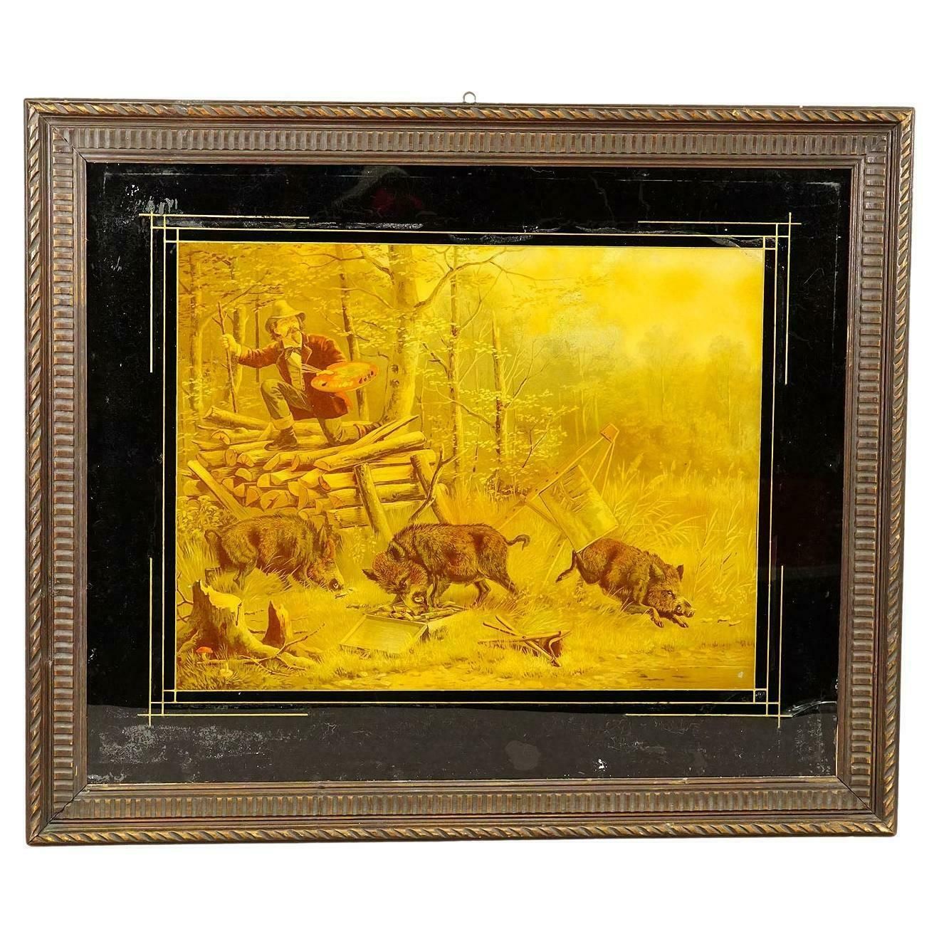 Antique Print With Humoristic Scene Featuring Wild Boars And A Painter photo vintage