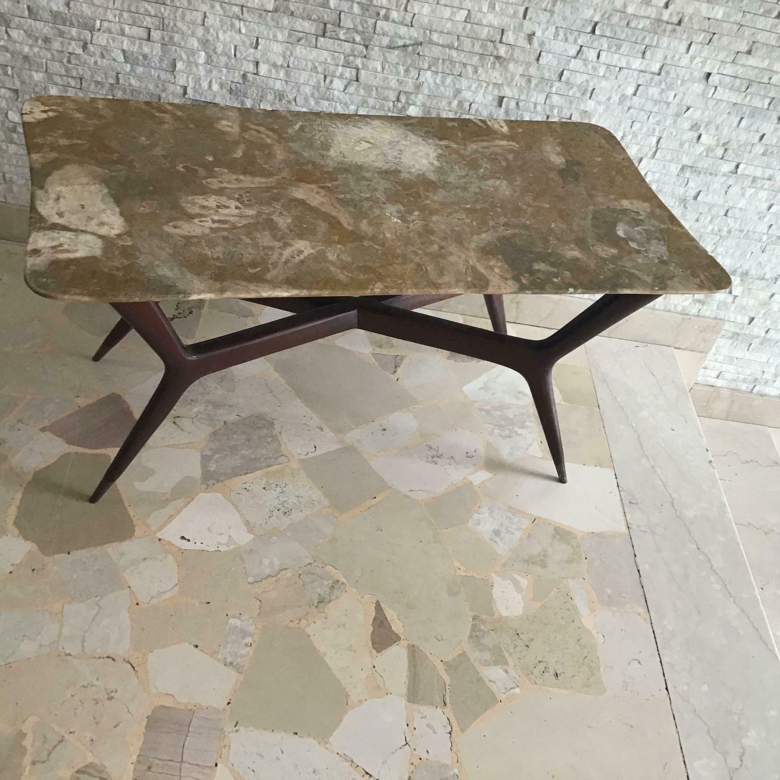 photo for sale Gio’ Ponti Coffee Table Brass Wood Marbre, 1950, Italy