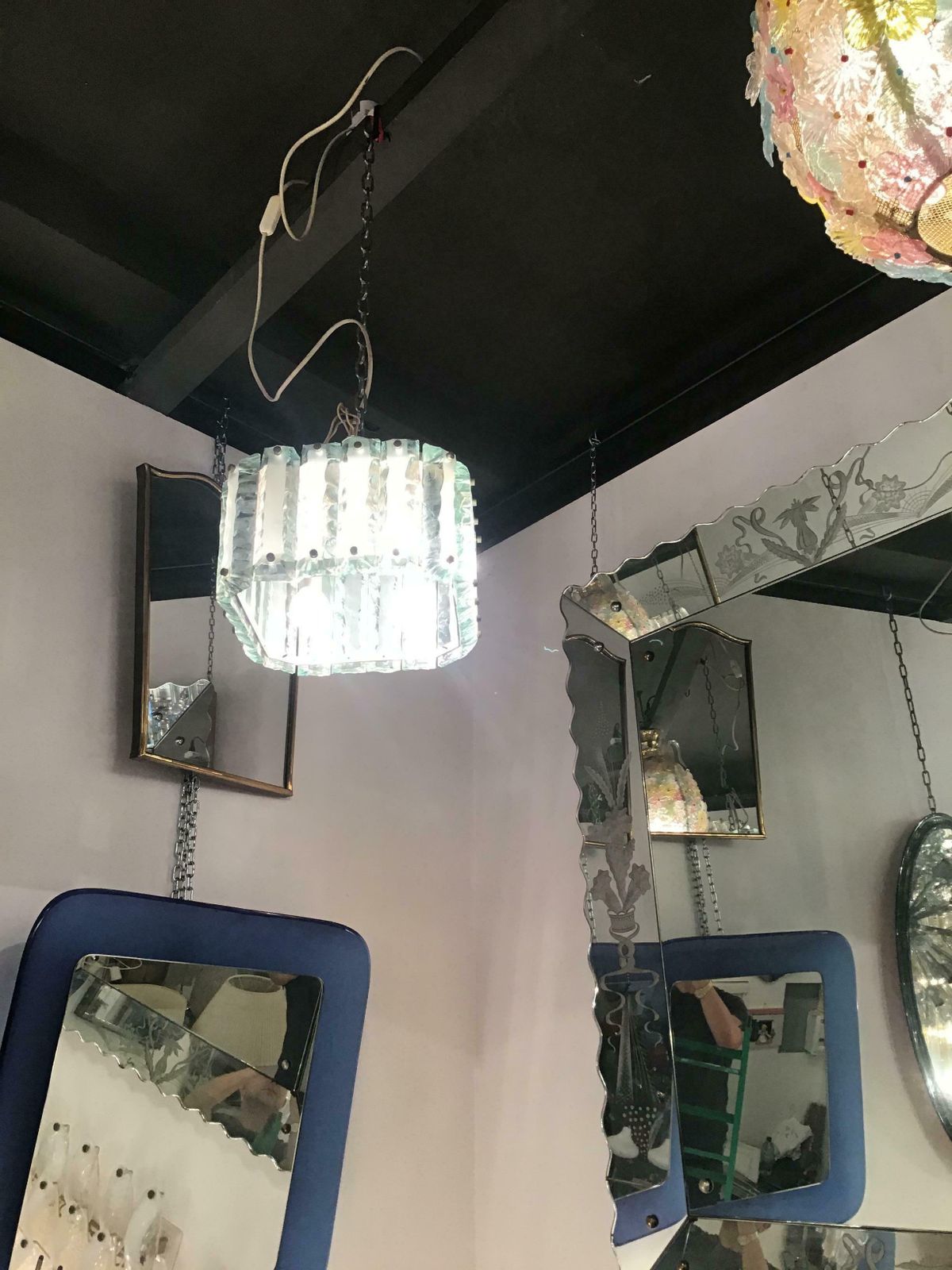 Fontana Arte Chandelier Glass Hammered Metal Chrome 1950 Italy photo for sale