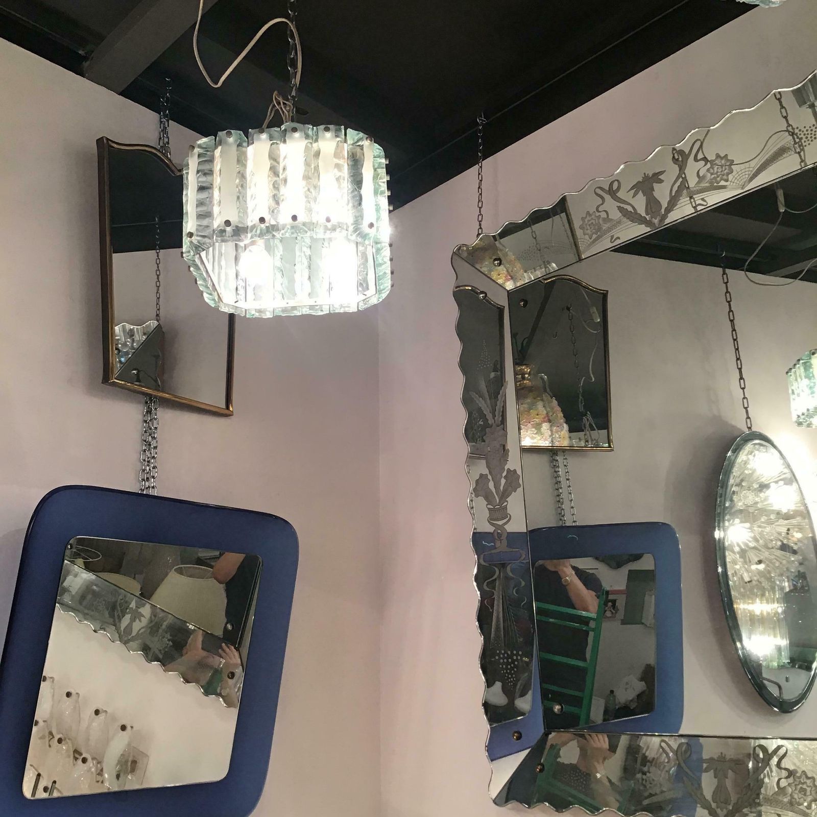 Fontana Arte Chandelier Glass Hammered Metal Chrome 1950 Italy photo vinterior