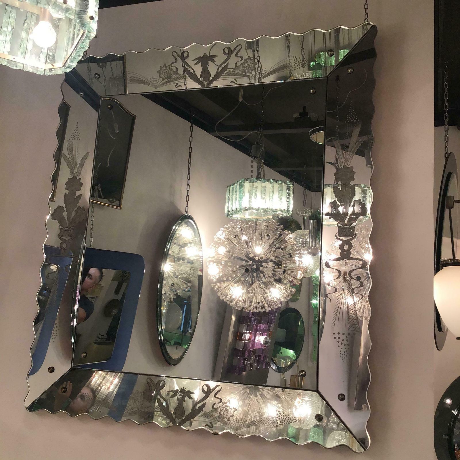 photo for sale Fontana Arte Chandelier Glass Hammered Metal Chrome 1950 Italy