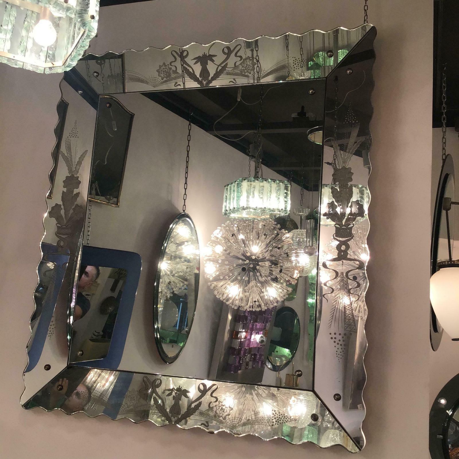 Lighting Fontana Arte Chandelier Glass Hammered Metal Chrome 1950 Italy photo
