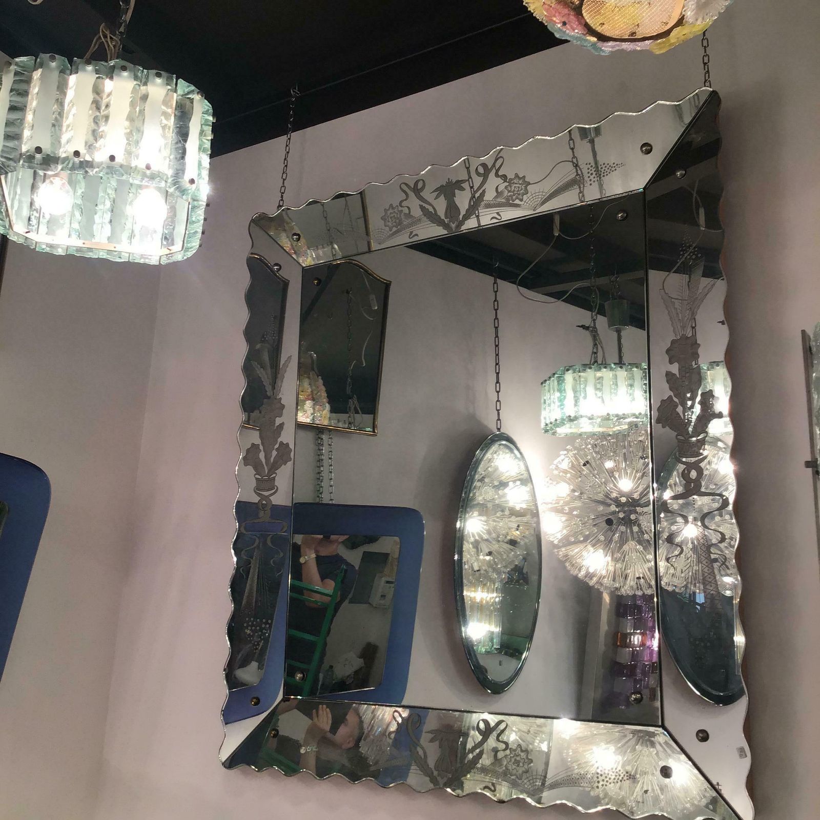 4167.0 Fontana Arte Chandelier Glass Hammered Metal Chrome 1950 Italy photo