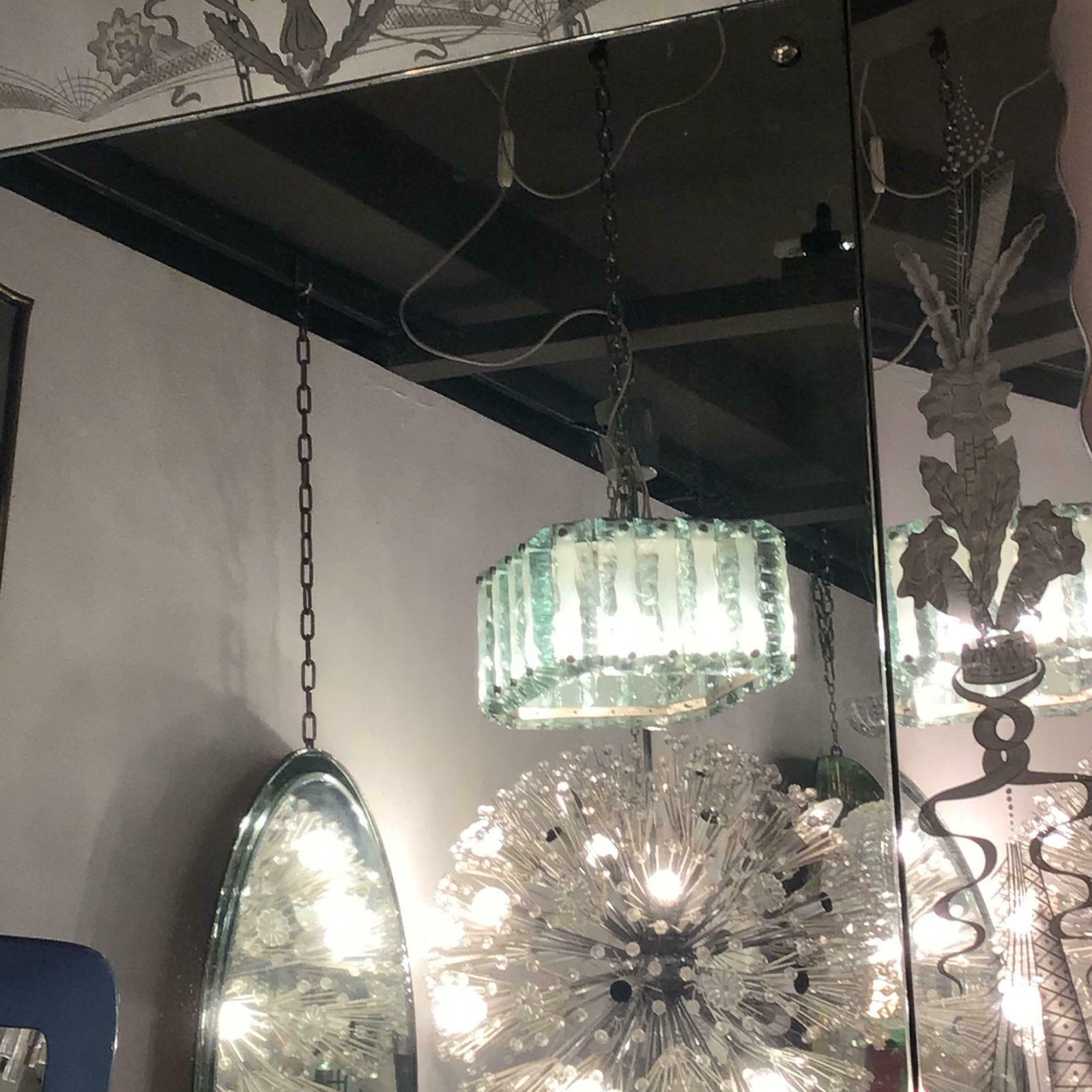 photo vintage Fontana Arte Chandelier Glass Hammered Metal Chrome 1950 Italy