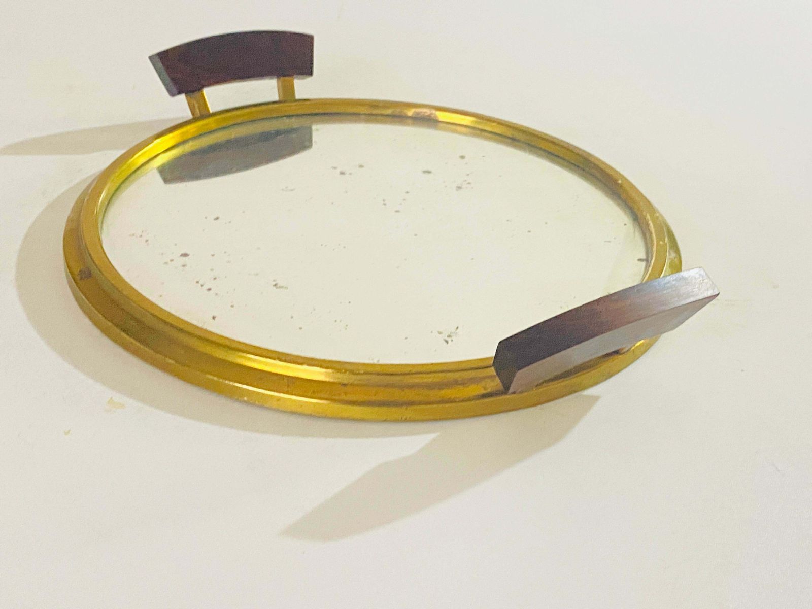 470.0 Art Deco Platter Tray Brass And Brown Wood Handles And Mirror, France, 1930 photo